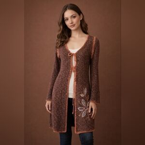 Anthropoligie Lulumari Brown Burnt Orange Knit Embroidered Duster Cardigan